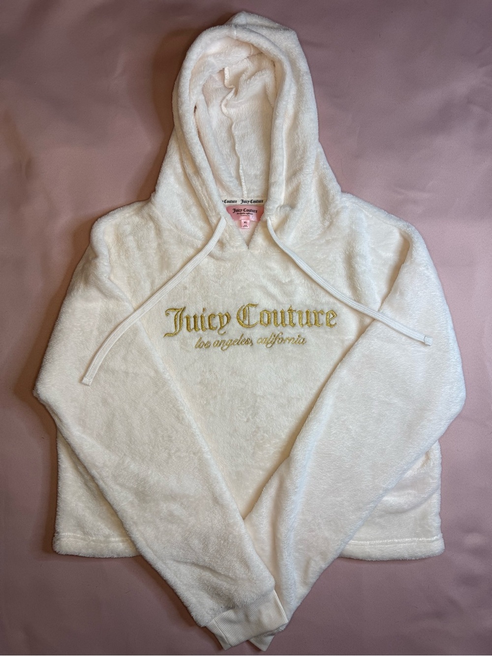 Juicy Couture - White Plush Hoodie with Gold Logo - Size XL